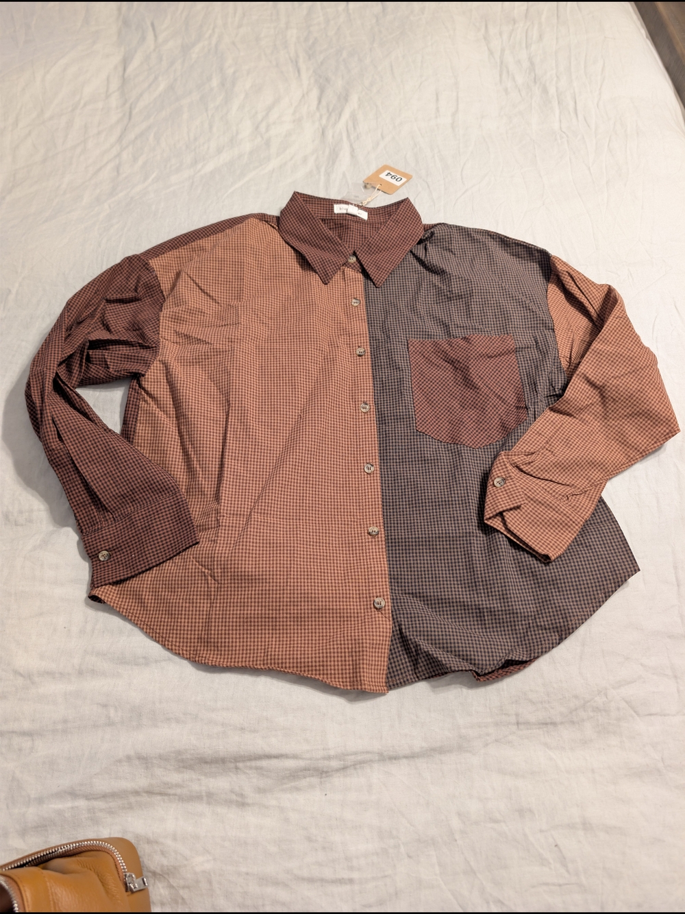 NWT Blu Pepper Colorblock Plaid Gingham Button Down Shirt Brown M Oversized